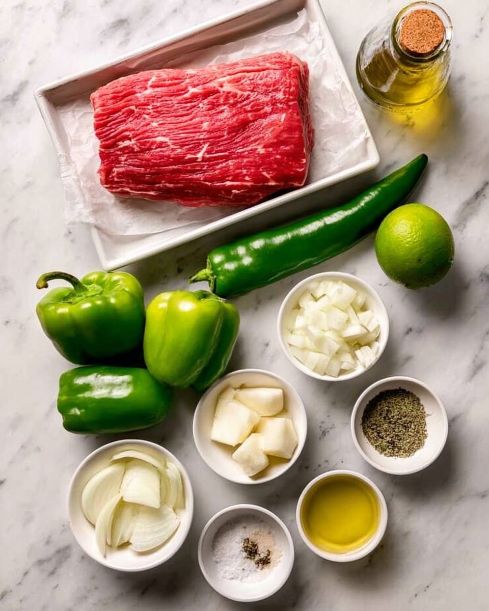 The image shows a top view of ingredients arranged neatly on a white marbled surface. There is one large, bright red piece of raw meat placed on a white tray lined with parchment paper in the upper left area. Surrounding it are fresh green bell peppers and a long green chili pepper, placed directly on the surface. Several small white bowls hold peeled garlic cloves, sliced white onions, chunks of white onion, a mix of salt, pepper, and herbs, and a light yellow liquid likely oil or vinegar. A whole lime and a clear bottle with a cork top accompany the ingredients, placed to the right. All items are separated, making each ingredient easy to see. photo taken with an iphone --ar 4:5 --v 7