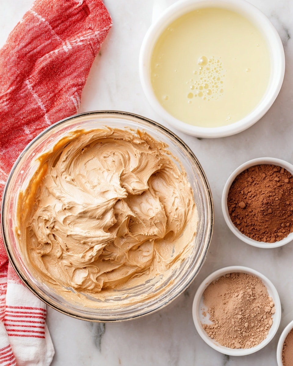 The image shows a tall clear glass filled with two layers of mousse-like dessert: the bottom layer is light brown and creamy, and the top layer is a darker brown with a smooth, swirled texture dusted lightly with cocoa powder. A shiny gold spoon is dipped into the mousse on the right side of the glass, held by a woman's hand. The glass is set on a white marbled surface, with blurred background objects in soft, warm tones. photo taken with an iphone --ar 4:5 --v 7