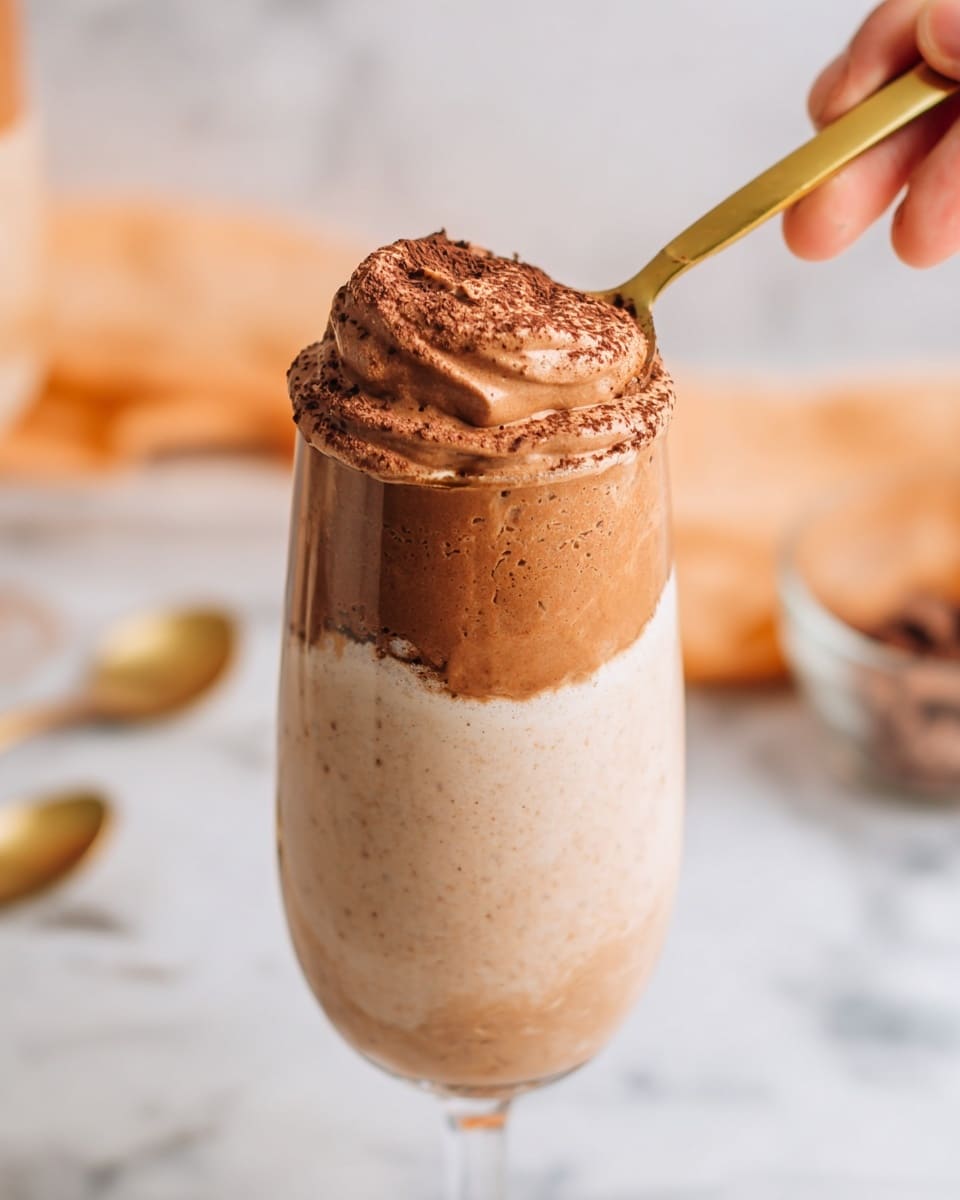 A golden spoon holds a creamy mousse topped with a layer of fine cocoa powder. The mousse has a smooth, light brown texture that looks soft and fluffy. In the background, there are three tall white glasses filled with the same mousse, placed on a white marbled surface. The light softly shines on the mousse, highlighting its airy texture and the cocoa dust on top. photo taken with an iphone --ar 4:5 --v 7