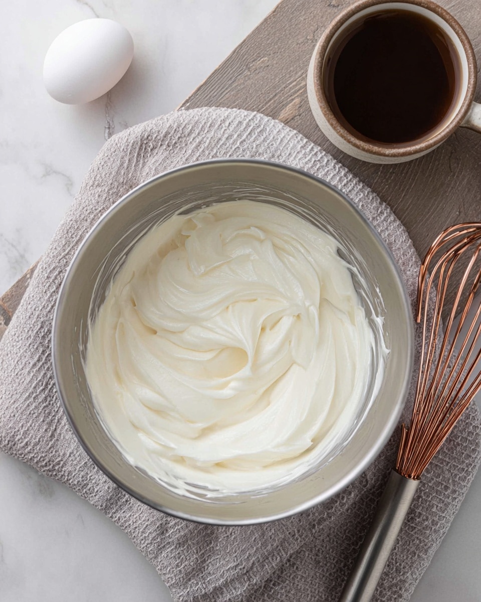 A silver mixing bowl holds a smooth, creamy white mixture with soft peaks and swirls inside. Next to the bowl is a rose gold whisk resting on a light gray cloth with a textured pattern. A cup filled with dark brown liquid, likely coffee, is placed nearby on a white marbled surface. A single white egg is also visible near the top left corner of the image. The overall scene is clean and bright, with soft natural lighting that highlights the textures. photo taken with an iphone --ar 4:5 --v 7