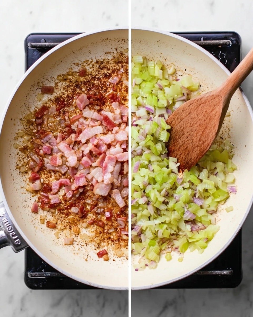 The first image shows a white pot with small pieces of light brown cooked onions and celery mixed in a light sauce with some white flour sprinkled on top, with a wooden spatula stirring the mixture. The second image shows the same pot filled with golden brown cooked chicken pieces and pink cooked bacon strips in a bubbling creamy liquid. The pot rests on a white marbled surface. Photo taken with an iphone --ar 4:5 --v 7