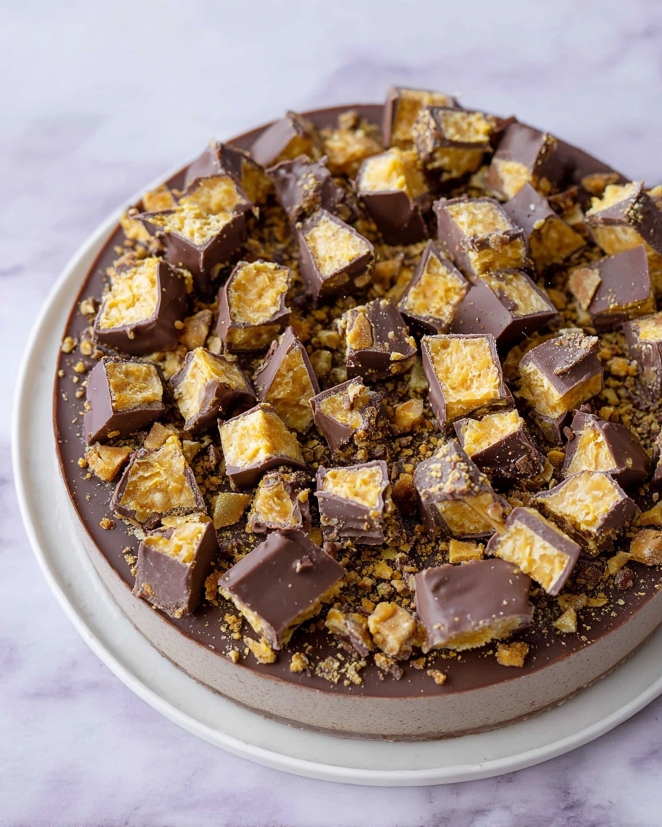 The image shows a three-layer dessert on a white plate. The bottom layer is a dense, light brown crust. The middle layer is thick and creamy white with tiny chunks of dark pieces mixed inside. The top layer is a smooth, rich chocolate spread, covered with many pieces of crunchy bar with golden honeycomb centers and chocolate edges. Some crumbs are scattered over the chocolate layer. A slice is being lifted out by a cake spatula, revealing the creamy inside layers. The dessert sits on a white marbled surface with a wrapped crunchy bar in front. Photo taken with an iphone --ar 4:5 --v 7