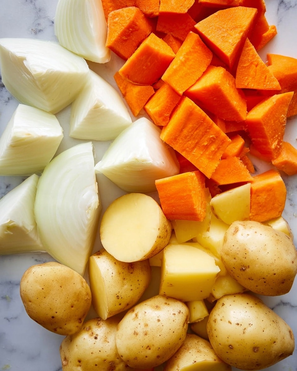 The image shows a close-up of chopped vegetables on a white marbled surface. There are three types of vegetables arranged in sections: at the top are bright orange carrot pieces cut into small triangular shapes, on the left side are large pieces of white onion with smooth layers, and the rest of the image is filled with beige-colored potatoes, some whole with small cuts on top and others chopped into chunks. The vegetables have a fresh and clean look with natural textures visible. Photo taken with an iphone --ar 4:5 --v 7