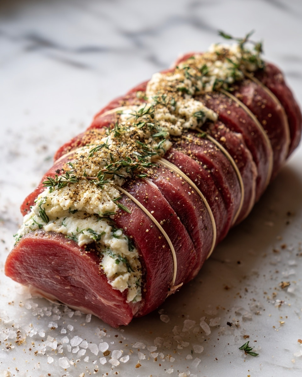 A thick roll of red raw meat is tied with beige strings wrapped around it evenly to keep a thick white filling in place. The filling is crumbly with green herbs mixed in and is spread on top along the entire length of the roll, with a textured sprinkle of black pepper and some coating spice over it. The meat and filling are placed on a white marbled surface with some scattered white salt crystals around. Photo taken with an iphone --ar 4:5 --v 7