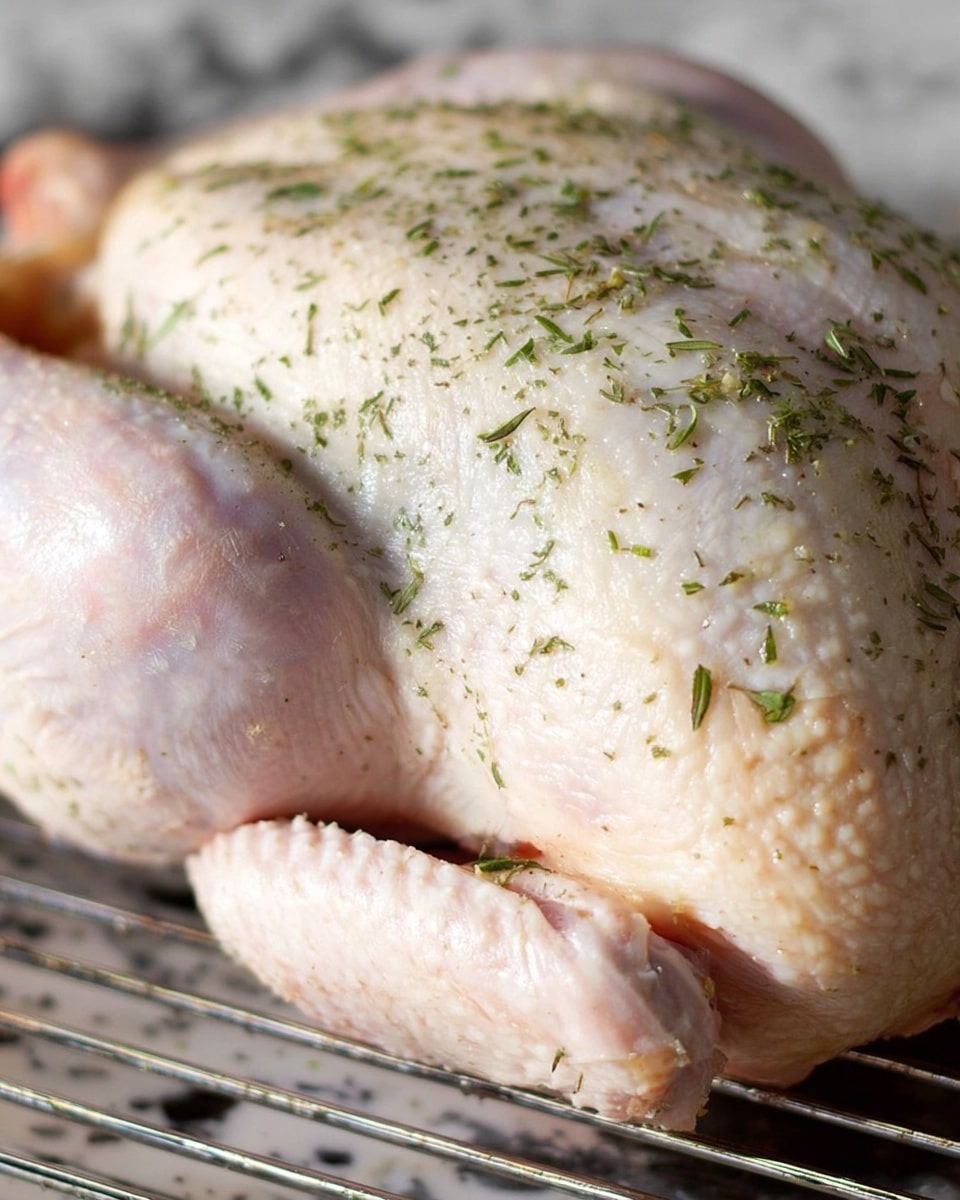 A close-up image of a whole raw chicken resting on a metal rack, showing a single layer of pale skin with a slightly bumpy texture and some pinkish areas. The chicken is sprinkled with small green herb flakes spread randomly across the surface. The metal rack below has thin, shiny bars running horizontally. The background is a white marbled texture. Photo taken with an iphone --ar 4:5 --v 7