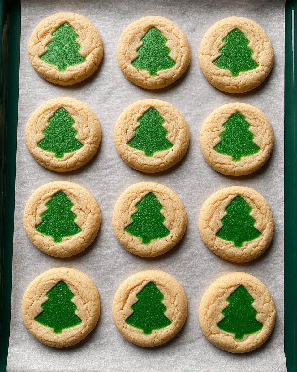 There are twelve round light brown cookies arranged in three rows on a baking tray lined with parchment paper. Each cookie has a green Christmas tree shape in the center, with the tree layer appearing smooth and slightly raised compared to the cookie base. The tray is dark green, and the white marbled background is visible around it. The cookies have a soft, slightly textured surface, and the green tree shapes have a bright, solid color with gentle edges. Photo taken with an iphone --ar 4:5 --v 7