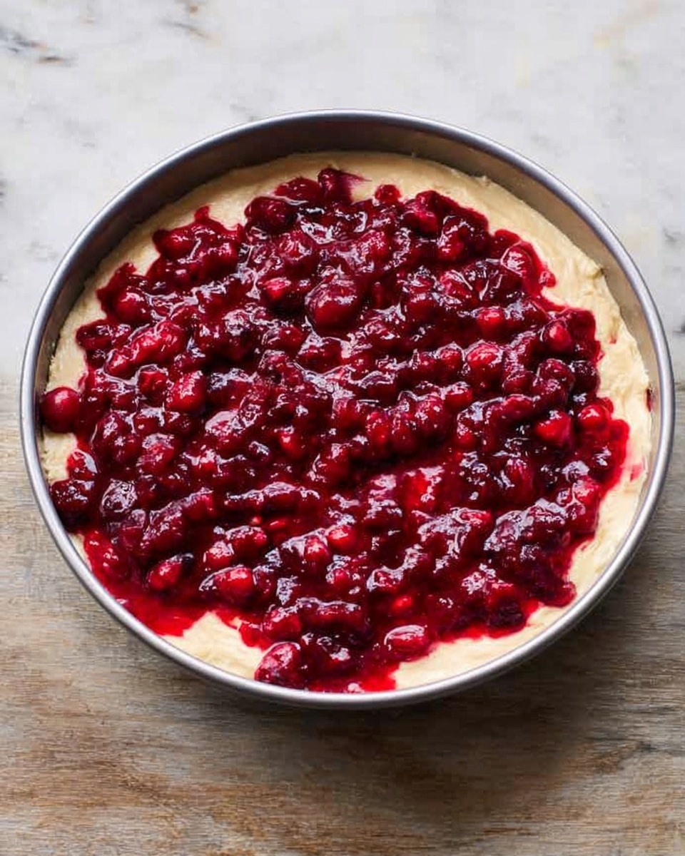 A round tart with a golden-brown crust and thick, dark red berry filling on top. One slice is cut and slightly pulled out, showing a thin crust layer underneath the juicy, slightly textured berry layer. The tart is dusted with white powdered sugar. It sits on a wooden board surrounded by scattered fresh and sugared red cranberries and frosted green pine branches. There is a white ornate knife on the side with a white marbled texture background. Photo taken with an iphone --ar 4:5 --v 7