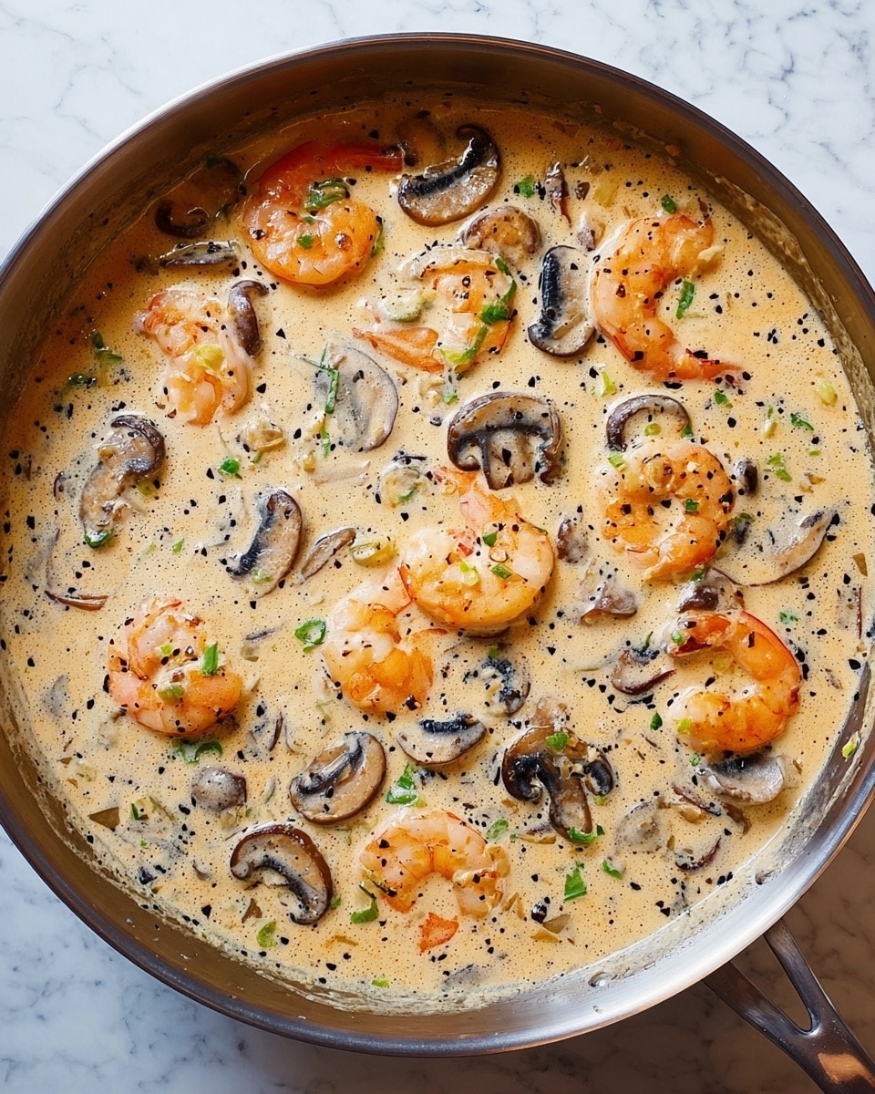 A metal pan filled with a creamy sauce that has a light beige color with small black specks throughout. Floating in the sauce are several orange shrimp, each with a slightly curved shape and a firm texture. Mixed in are sliced mushrooms, showing a soft brown and light beige color, scattered evenly around the shrimp. Small pieces of green herbs are sprinkled over the surface, adding color contrast. The pan is placed on a white marbled surface. photo taken with an iphone --ar 4:5 --v 7