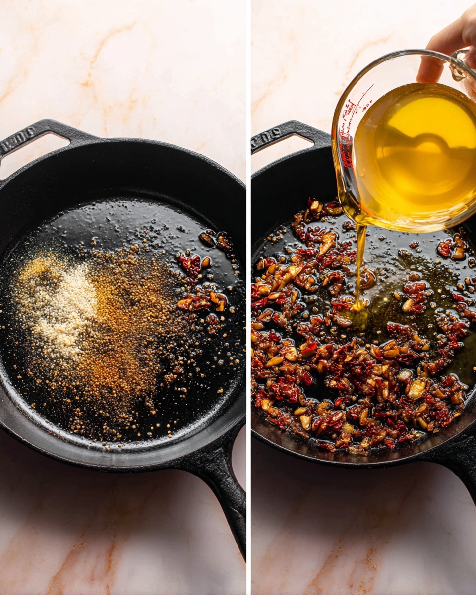 The image shows a black cast iron pan on a white marbled surface, with bits of browned garlic and small red pieces cooking in oil. In the left part of the image, there are layers of spices sprinkled over the garlic, including black pepper, white salt, and a dark red spice, all concentrated in the center of the pan. On the right side, the same pan appears with the browned mixture spread out, and a clear glass measuring cup filled with golden-yellow liquid is being poured into the pan by a woman's hand. The lighting highlights the shiny texture of the oil and the rough, burnt bits in the pan. Photo taken with an iphone --ar 4:5 --v 7