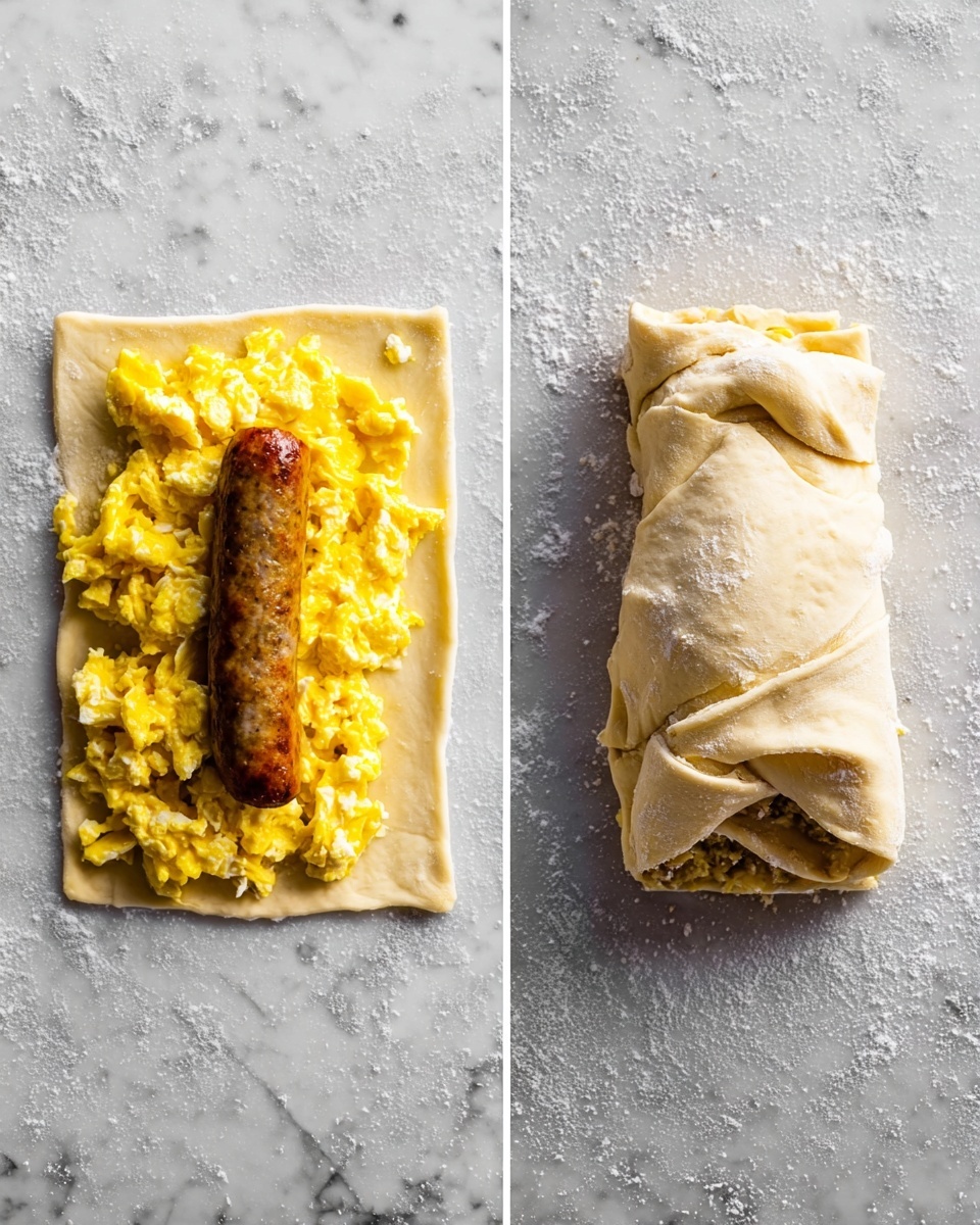 The image shows two stages of making a wrapped sausage dish on a white marbled surface. On the left, there is a flat rectangular dough layer topped with bright yellow scrambled eggs spread evenly on the right side, and a single browned sausage placed along the left edge. On the right side, the dough is folded over the sausage and eggs, forming a rough, loose roll with uneven folds, covering the filling completely. Photo taken with an iphone --ar 4:5 --v 7