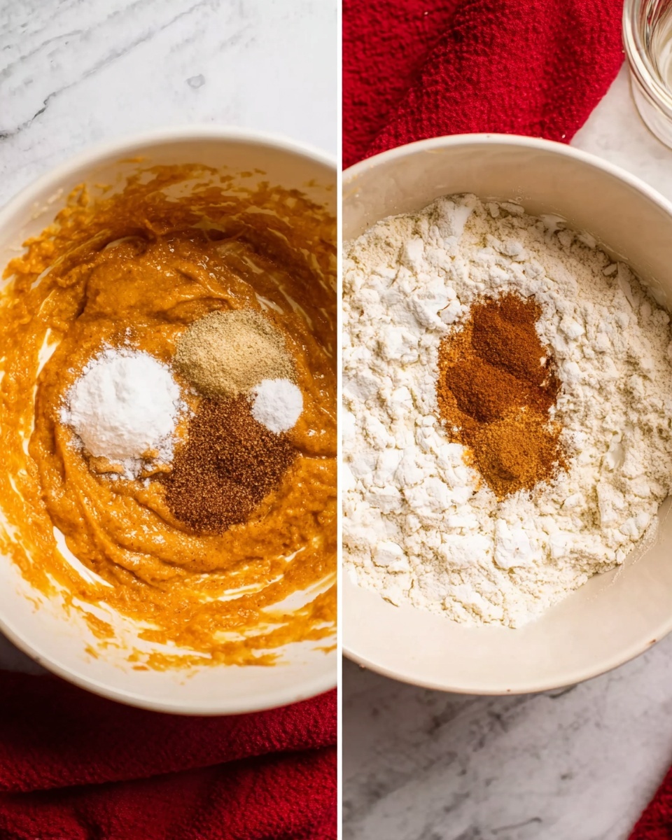 The image shows two soft pumpkin cookies stacked on a white plate with brown edges, placed on a white marbled surface. Each cookie has one thick layer of orange pumpkin cookie dough, topped with a creamy off-white frosting swirled smoothly in a round shape. The top cookie has a bite taken out, revealing its moist orange inside texture. Light brown cinnamon powder is softly sprinkled over the frosting. In the background, some cinnamon sticks and a glass of milk are slightly blurred. Photo taken with an iphone --ar 4:5 --v 7