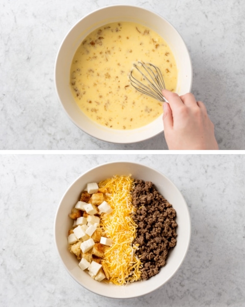 A white baking dish full of a baked casserole with a golden brown top layer that has darker brown crispy spots spread unevenly. The surface looks slightly rough and bubbly with toasted textures. The dish is on a white marbled surface. Next to it are small white bowls with black pepper and salt. A glass of iced tea sits in the corner. In the bottom right, a white plate holds two silver forks. Photo taken with an iphone --ar 4:5 --v 7