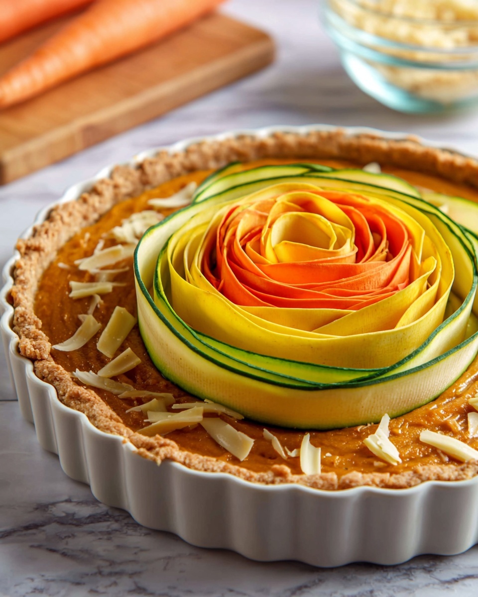 The image shows a round tart with many thin vegetable strips arranged in tight, even spirals from the center to the edge. The vegetables are green, orange, and light yellow, creating rings of color that alternate in a visually pleasing pattern. The tart crust is light golden brown and sits in a black fluted tart pan. The tart is placed on a white marbled surface with soft natural light highlighting the fresh textures of the vegetables. photo taken with an iphone --ar 4:5 --v 7