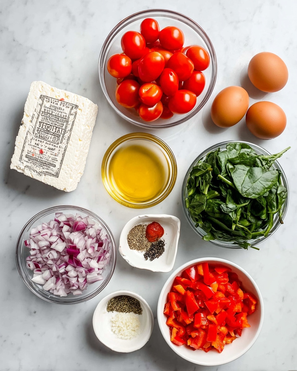 The image shows four small white ceramic bowls placed neatly on a golden baking tray with a textured surface. Each bowl contains a colorful mix of diced orange and red bell peppers and chopped purple onions as the bottom layer. On top of the vegetables, there is a square block of white cheese, sprinkled generously with dried herbs and spices including green flakes and reddish seeds. The cheese is slightly shiny, likely from a drizzle of oil. The baking tray rests on a white marbled surface that adds a clean and bright background to the scene. The composition is bright with natural lighting highlighting the textures of the vegetables and cheese. photo taken with an iphone --ar 4:5 --v 7