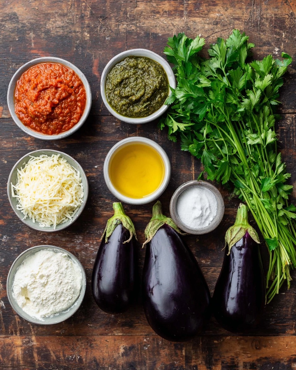 A white rectangular baking dish filled with a layer of bright red tomato sauce at the bottom, topped with eleven rolled eggplant slices arranged in rows; each eggplant slice shows a light golden-brown grilled texture with light greenish and beige stripes, and some are stuffed with a creamy white filling mixed with greens. The dish is placed on a dark brown wooden surface. Photo taken with an iphone --ar 4:5 --v 7