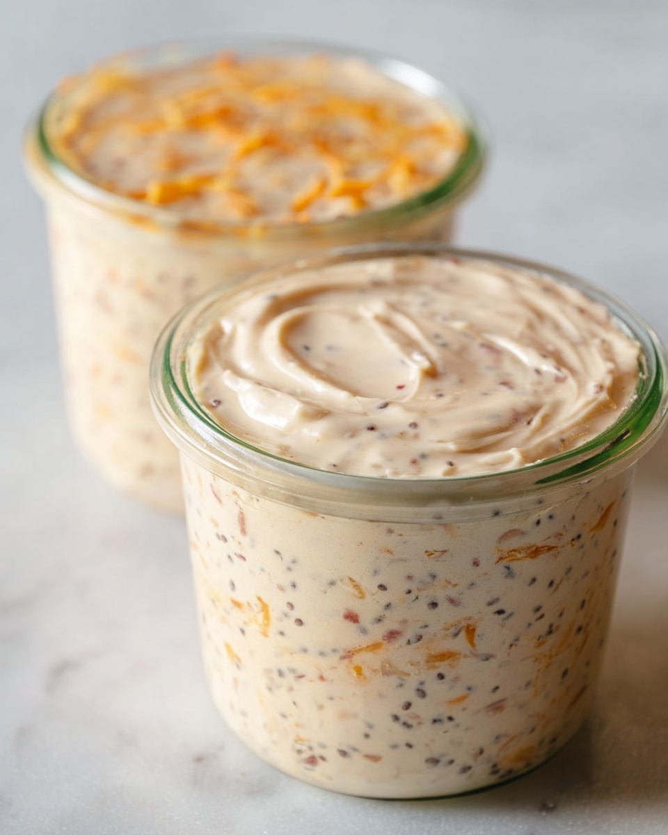 This image shows two glass jars filled with a creamy mixture that has visible layers and textures. The bottom layer has a speckled look with small dark seeds, light orange shreds, and tiny yellow bits mixed together. On top, there is a thick smooth layer of creamy white substance that covers the jar evenly with slight swirls. The jars sit on a white marbled surface. Photo taken with an iphone --ar 4:5 --v 7