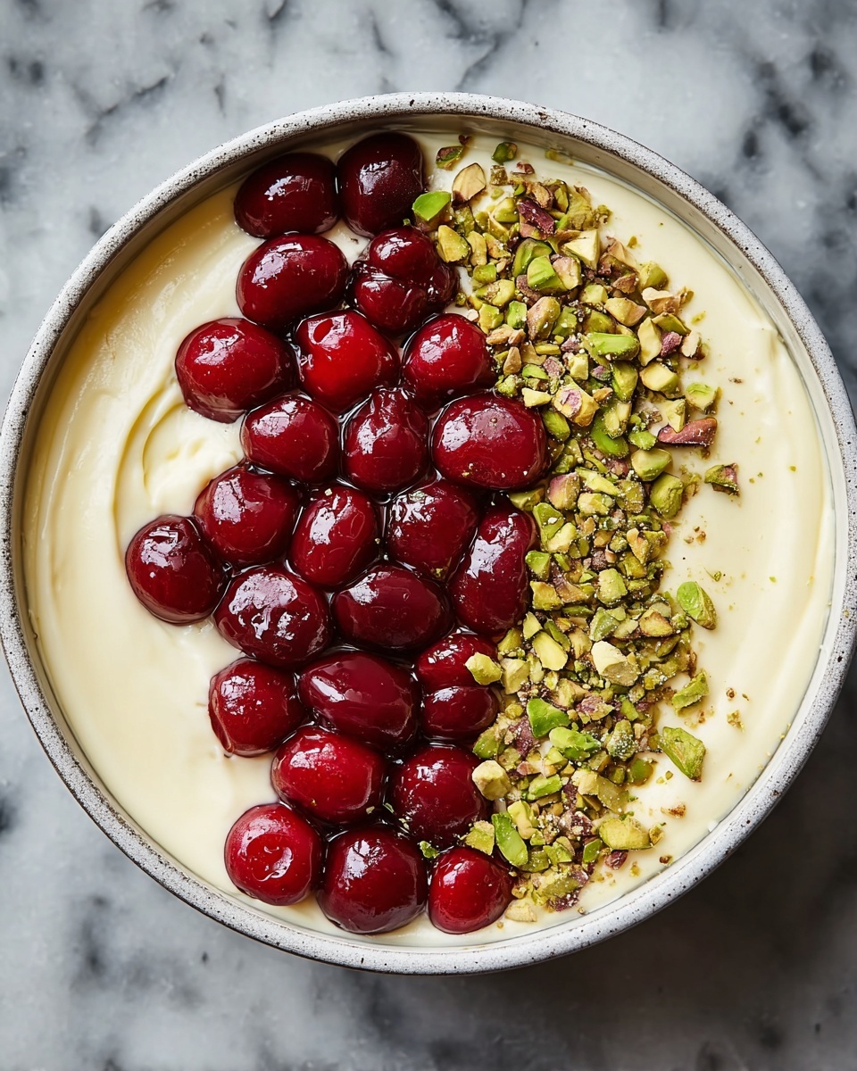 A slice of cheesecake with three clear layers is shown. The bottom layer is a crumbly brown crust. The middle layer is thick, white, and creamy with bits of red fruit mixed inside. The top layer has white cream with whole shiny dark red cherries, green chopped nuts, and some crumbs sprinkled around. The cheesecake sits on a white plate with a white marbled background. photo taken with an iphone --ar 4:5 --v 7