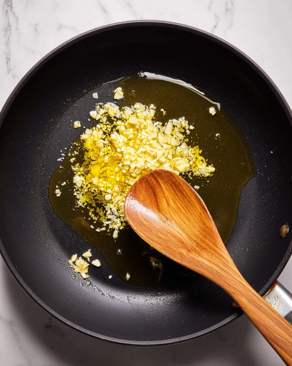 A black frying pan filled with a mix of small diced yellow, orange, and red pieces, likely bell peppers or similar vegetables, all sautéed together. The small colorful pieces are spread evenly across the pan, showing a glossy texture from cooking oil. The pan's surface has small white speckles, and the handle is partially visible with a metal connection. The background is a wooden texture under warm light, but changed to a white marbled texture. Photo taken with an iphone --ar 4:5 --v 7