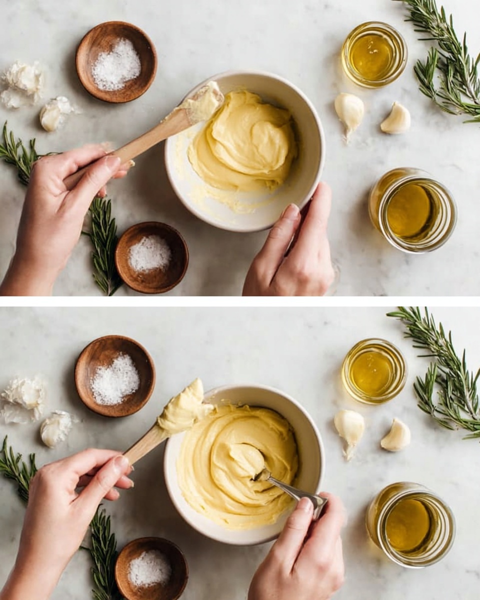 The image shows two white bowls on a white marbled surface. Each bowl contains a cream with a yellow color and smooth texture. In the first bowl, a woman's hand holds a wooden spatula covered with the thick yellow cream, while the empty part of the bowl is visible. In the second bowl, the cream is more blended, with a woman's hand stirring it gently using a silver spoon. Around the bowls, there are small wooden dishes holding garlic cloves and coarse salt, as well as a bunch of fresh rosemary and a jar of golden oil nearby. The overall scene looks clean and natural with soft lighting. photo taken with an iphone --ar 4:5 --v 7