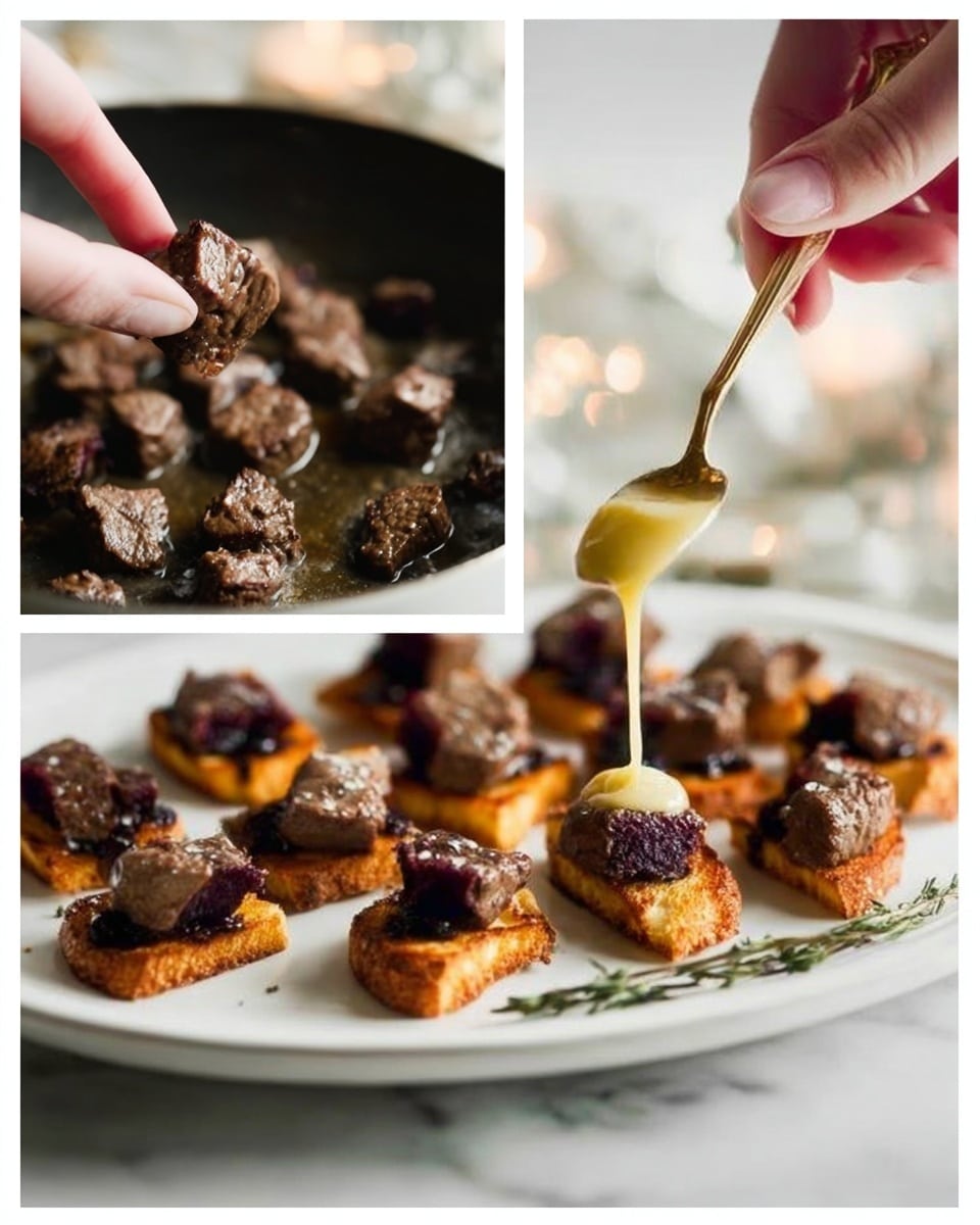 The image shows three parts: first, browned small beef pieces cooking in a dark pan with a shiny surface; second, a woman's hand placing one beef piece on top of dark spread over small toasted bread squares arranged on a white plate; third, a woman's hand using a spoon to drizzle a pale yellow sauce over the beef-topped bread squares on the same white plate, with soft focus on a white marbled table underneath and blurred background objects. photo taken with an iphone --ar 4:5 --v 7