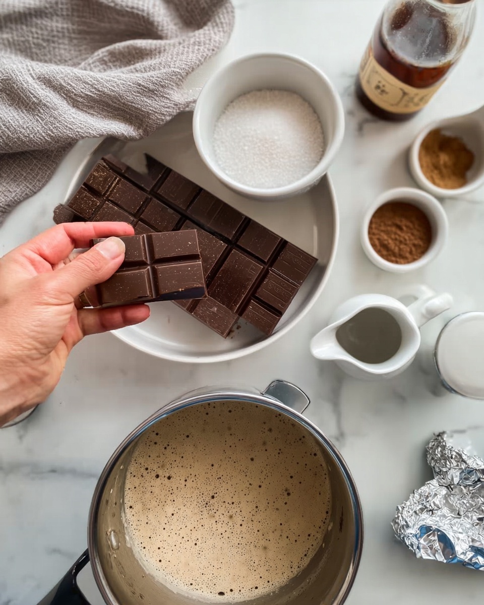 A woman's hand is holding a square piece of dark chocolate above a white bowl filled with a dark chocolate bar divided into small square pieces. Next to the bowl is a metal pot containing a creamy mixture with small darker specks on the surface. Nearby, a white bowl filled with granulated sugar, a small container with cocoa powder, two small white pitchers, and a glass bottle with a brown liquid are placed on a white marbled surface. A small piece of crumpled silver foil is also on the side. photo taken with an iphone --ar 4:5 --v 7