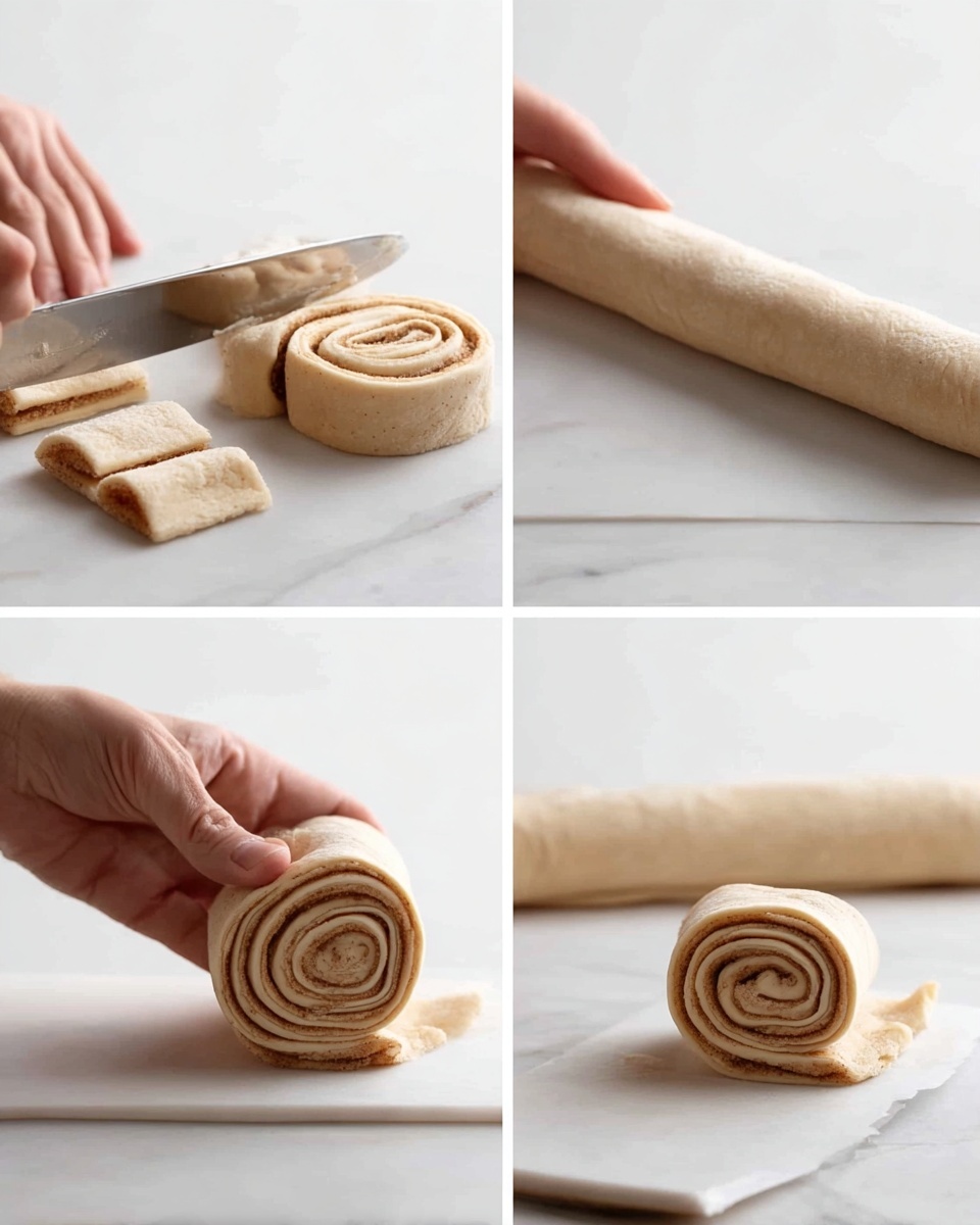 The image shows a step-by-step process of making a rolled cinnamon pastry. The dough is rolled into a long, light beige strip with visible layers of cinnamon sugar spread inside. The first and second frames show a knife slicing the rolled dough into smaller pieces on a white marbled surface. In the third frame, a woman's hand gently lifts one sliced piece, revealing a spiral shape with layers of dough and cinnamon inside, forming a small round roll. The fourth frame shows the woman's hand adjusting the rolled spiral piece, emphasizing the spiral layers stacked neatly on a flat surface. Photo taken with an iphone --ar 4:5 --v 7