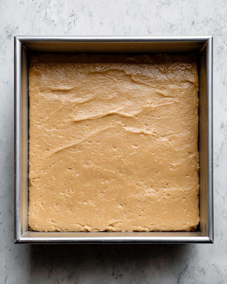 A single layer of light brown dough is spread evenly inside a square metal baking pan with clean edges. The dough has a soft, slightly rough texture with small indent marks scattered across its surface. The pan sits on a white marbled texture background, creating a clean and simple contrast. Photo taken with an iphone --ar 4:5 --v 7