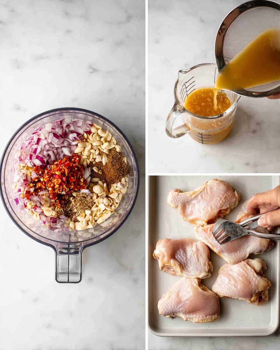 The first image shows a woman's hand pouring a red sauce with visible seeds and chunks into a clear ziplock bag filled with raw chicken pieces, all placed on a white marbled surface. The second image displays the clear ziplock bag filled with the chicken pieces now fully coated in the red sauce, sealed and resting on the same white marbled surface. The third image captures five pieces of cooked chicken, golden brown with some darkened spice spots, frying in a gray pan with oil visible around the edges on the white marbled surface. photo taken with an iphone --ar 4:5 --v 7