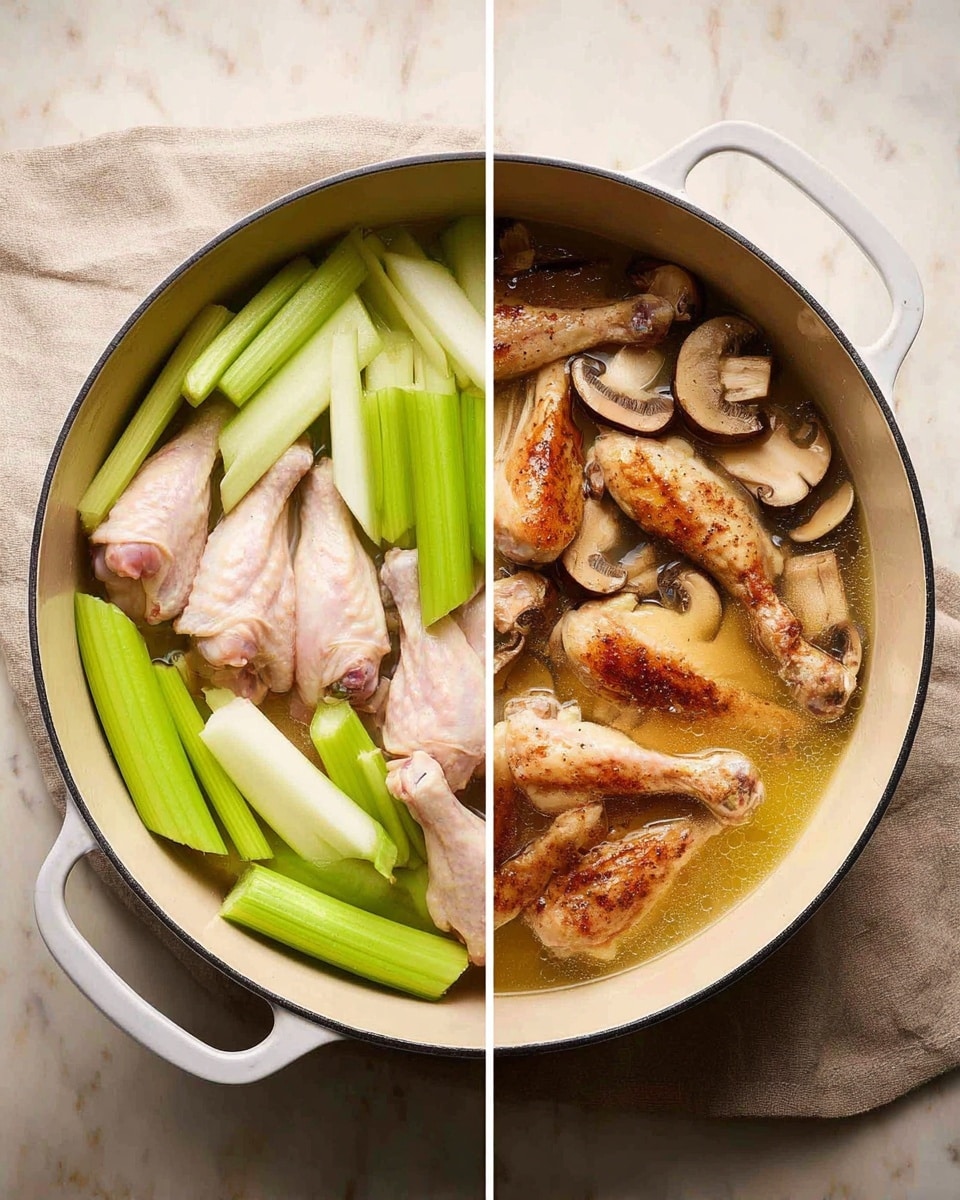 Inside a white pot placed on a soft beige cloth over a white marbled surface, there are two scenes. On the left side, raw chicken wings rest at the bottom, topped with thick, light green celery sticks and large chopped white onion pieces. On the right side, the chicken wings are now browned and cooked, sitting in a golden broth with celery sticks and quartered mushrooms floating around, all within the same pot and setting. Photo taken with an iphone --ar 4:5 --v 7