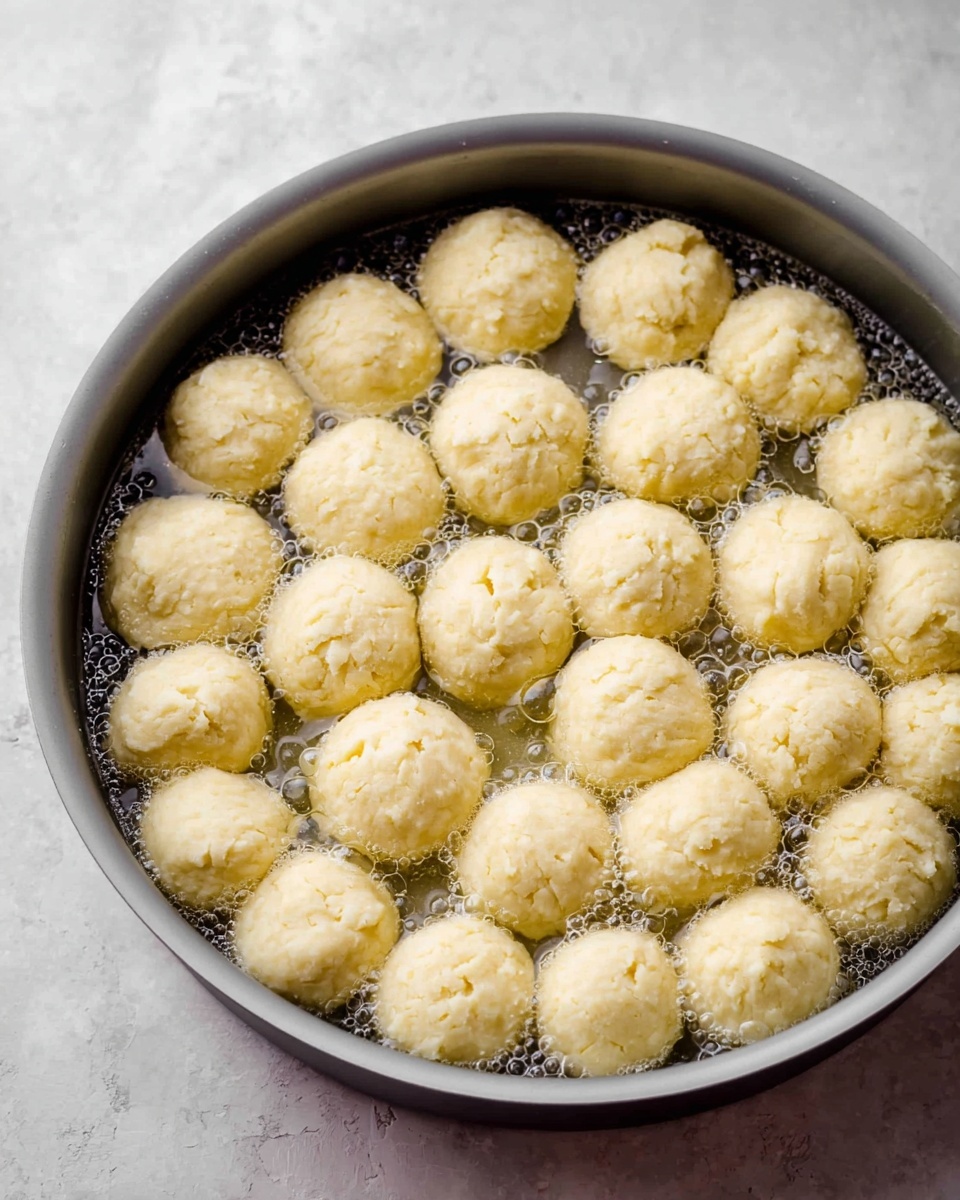 A large gray pan filled with 24 round, pale yellow dough balls that have a rough and crumbly texture, all floating in clear water with some bubbles visible around them. The pan is placed on a surface with a white marbled texture. The dough balls are evenly spread, touching each other, and slightly uneven on top, showing a soft dough consistency. Photo taken with an iphone --ar 4:5 --v 7