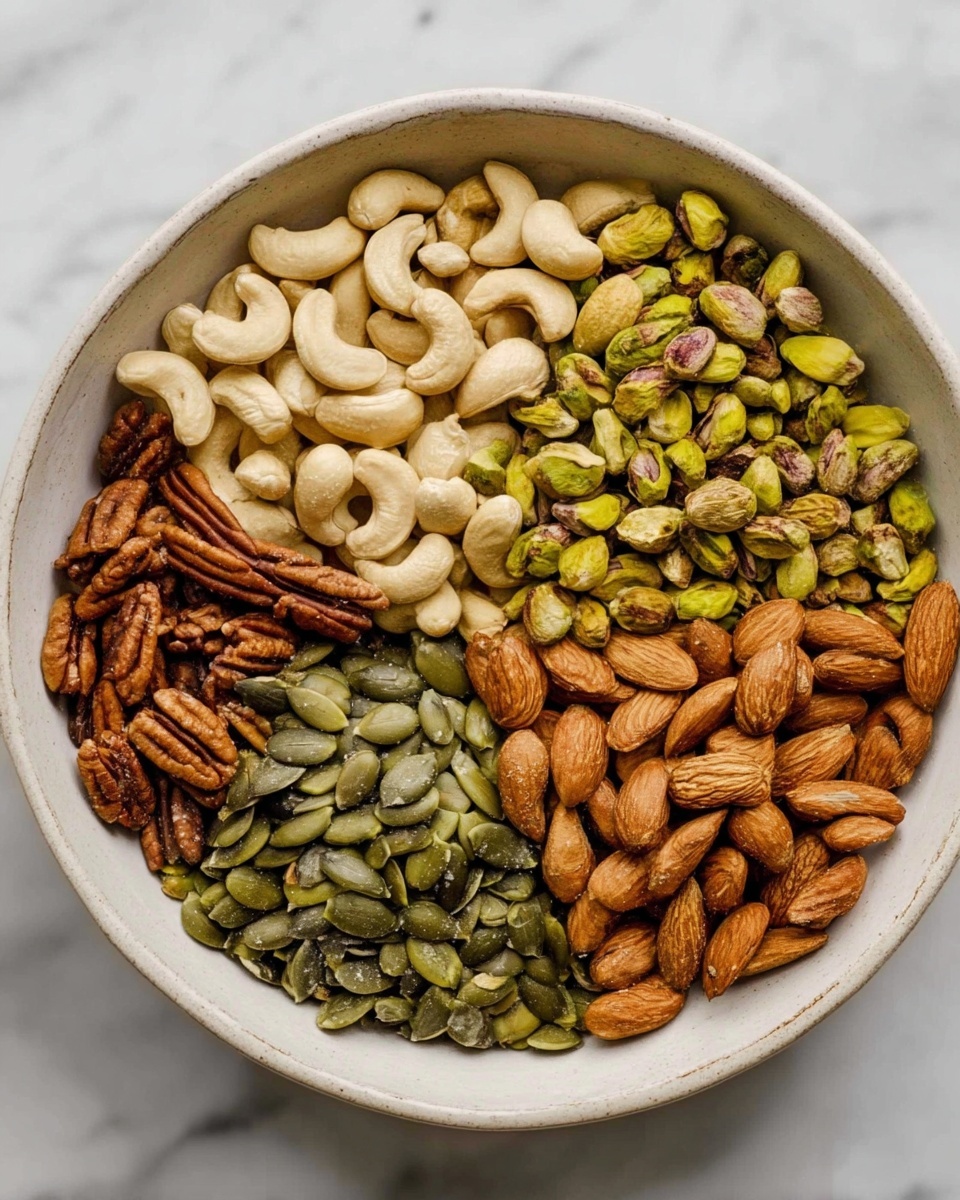A white bowl filled with a mix of roasted nuts and seeds, including pecans, almonds, cashews, and pumpkin seeds, all showing a dark, well-roasted brown with some spices visible on the surface. The bowl is lined with white parchment paper that peeks out around the nuts. In the background, there are two clear glasses filled with a dark liquid sitting on a wooden surface, which is partly visible around the bowl and a green cloth napkin. photo taken with an iphone --ar 4:5 --v 7