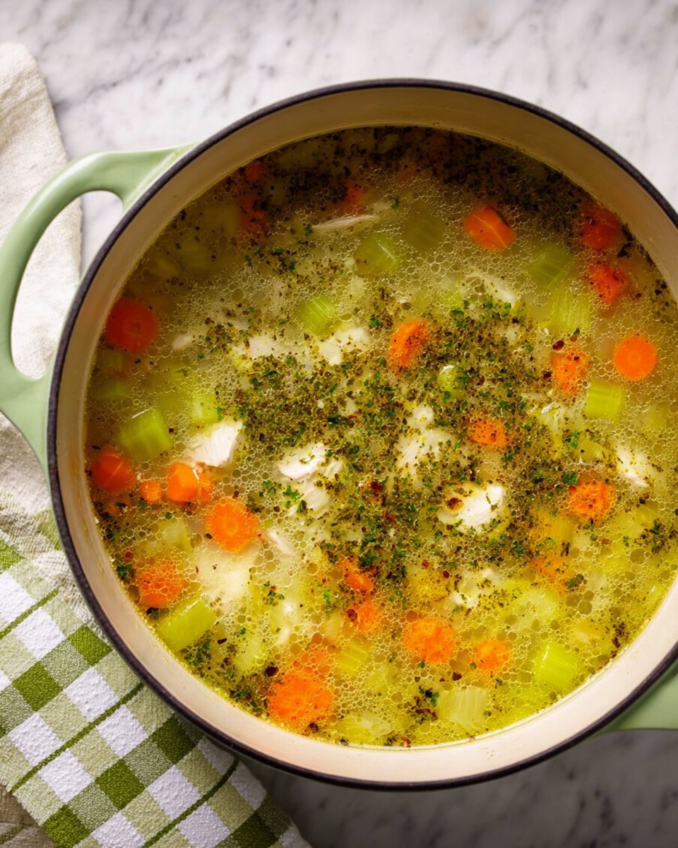 A large light green pot filled with broth and soup inside, showing three main layers: diced orange carrots and light green celery floating on top, white pieces of cooked chicken in the middle, and sprinkled fine dark green herbs spread evenly over the surface. The broth is light yellow and slightly cloudy, with small bubbles visible on top. The pot is placed on a white marbled surface with a white and green checked cloth on the left side. photo taken with an iphone --ar 4:5 --v 7