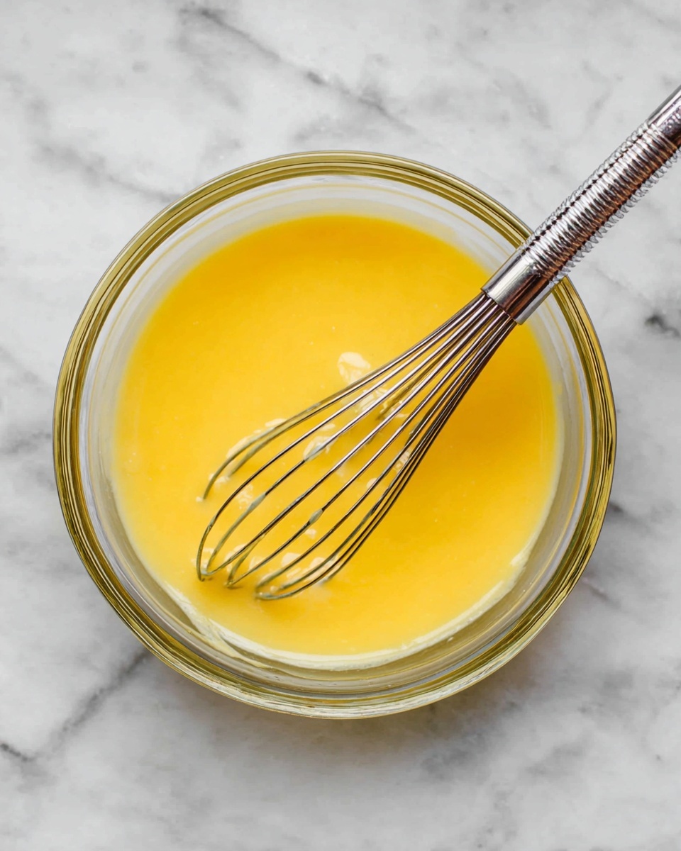A clear glass bowl filled with a smooth, bright yellow mixture, with a metal whisk resting inside it. The bowl is placed on a white marbled surface. The mixture has a shiny texture and looks thick but soft. The whisk has thin metal wires and a shiny handle extending outside the bowl. photo taken with an iphone --ar 4:5 --v 7