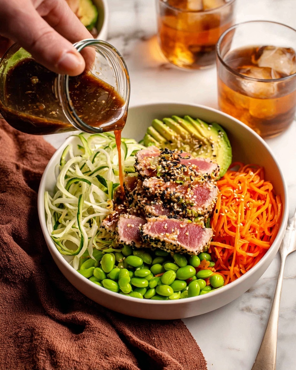 A white bowl with a colorful layered dish starting with a base of thin white shredded cabbage, topped with sliced green cucumber arranged on one side and bright green edamame beans next to them, followed by thin julienned orange carrots in another section, and light green avocado slices on the other side. On top lies several pieces of seared tuna, coated with black sesame seeds and lightly pink inside. A woman's hand pours a dark brown sauce from a small jar over the tuna. The bowl is set on a white marbled surface with a brown textured cloth nearby and a glass of iced amber liquid in the background. photo taken with an iphone --ar 4:5 --v 7