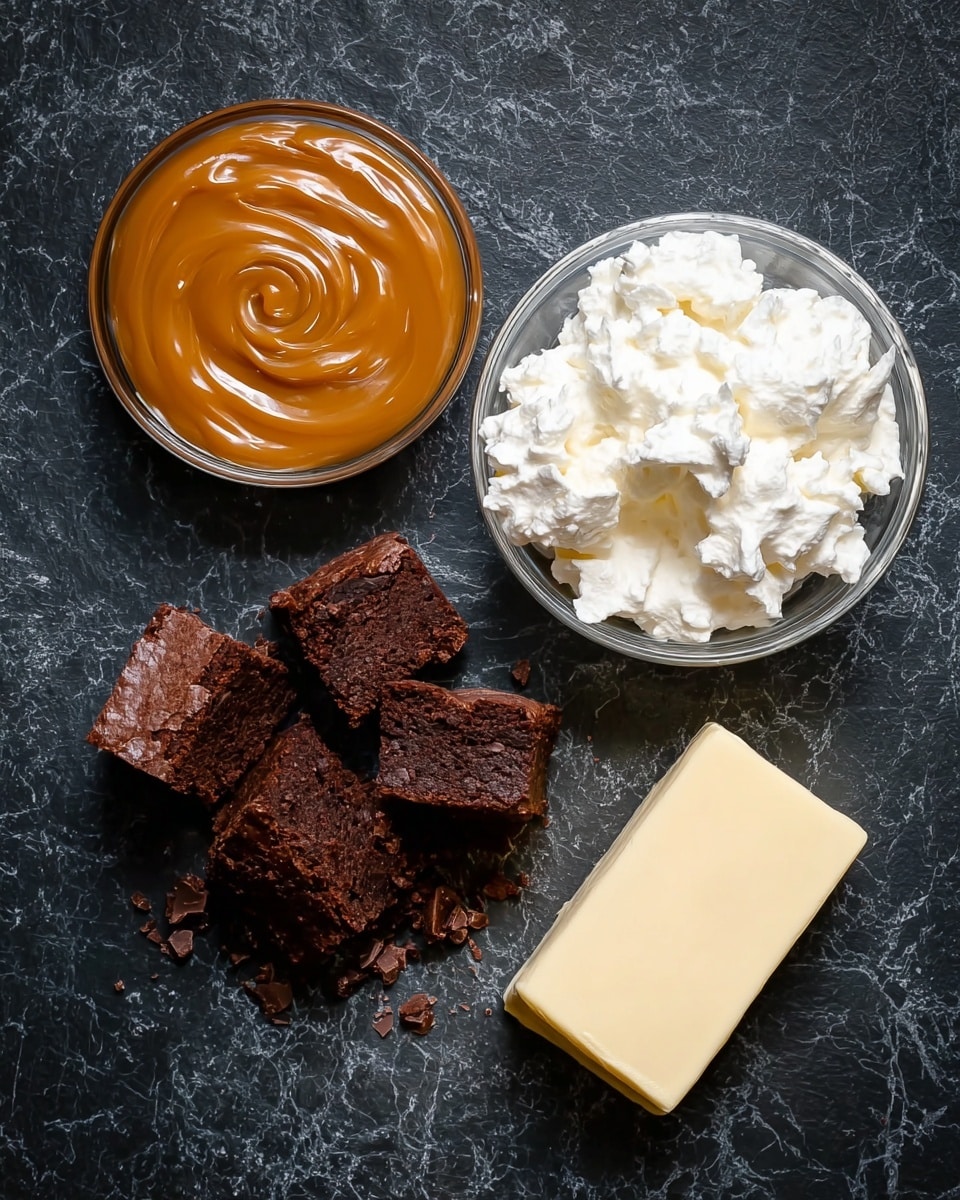 A clear glass dessert stand holds a stack of dark brown brownies with a slightly cracked top layer, arranged in a small pile. A shiny silver spoon held by a woman's hand is pouring a warm, smooth caramel sauce over the top brownie, with the sauce slowly dripping down the sides. The background and surface have a white marbled texture, making the rich colors of the brownies and caramel stand out clearly. photo taken with an iphone --ar 4:5 --v 7