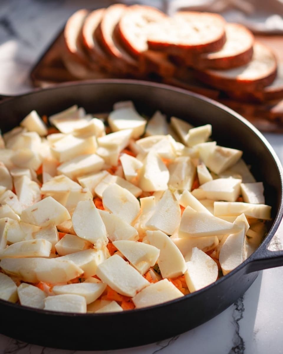 The image shows a black cast iron pan filled with cooked potato slices that are light golden brown with some darker caramelized edges. The potato pieces are uneven in size, with different shades of beige and brown, creating a textured look. In the background, there are several white bread slices stacked slightly out of focus on a white marbled surface. Steam rises softly from the hot potatoes, giving the dish a fresh, warm feeling. Photo taken with an iphone --ar 4:5 --v 7