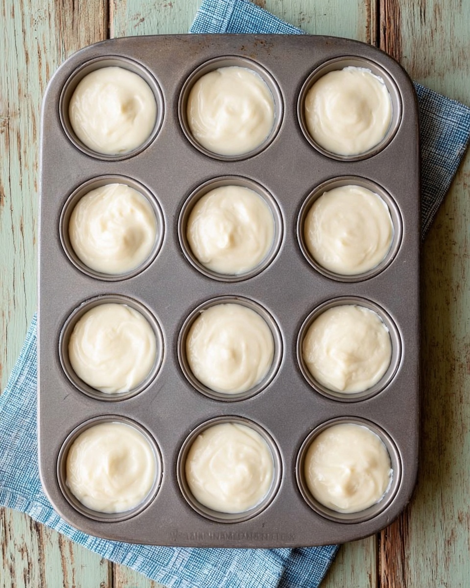 A metal muffin tray holds twelve evenly filled round cups of smooth, creamy white batter, each cup having a slightly glossy, soft texture. The tray sits on a rustic wooden surface with pale green tones, and a blue and white cloth peeks from the bottom right corner underneath the tray. The batter is thick and consistent in color and texture, almost like a thick cream or frosting, filling each cup close to the rim but without overflowing. photo taken with an iphone --ar 4:5 --v 7