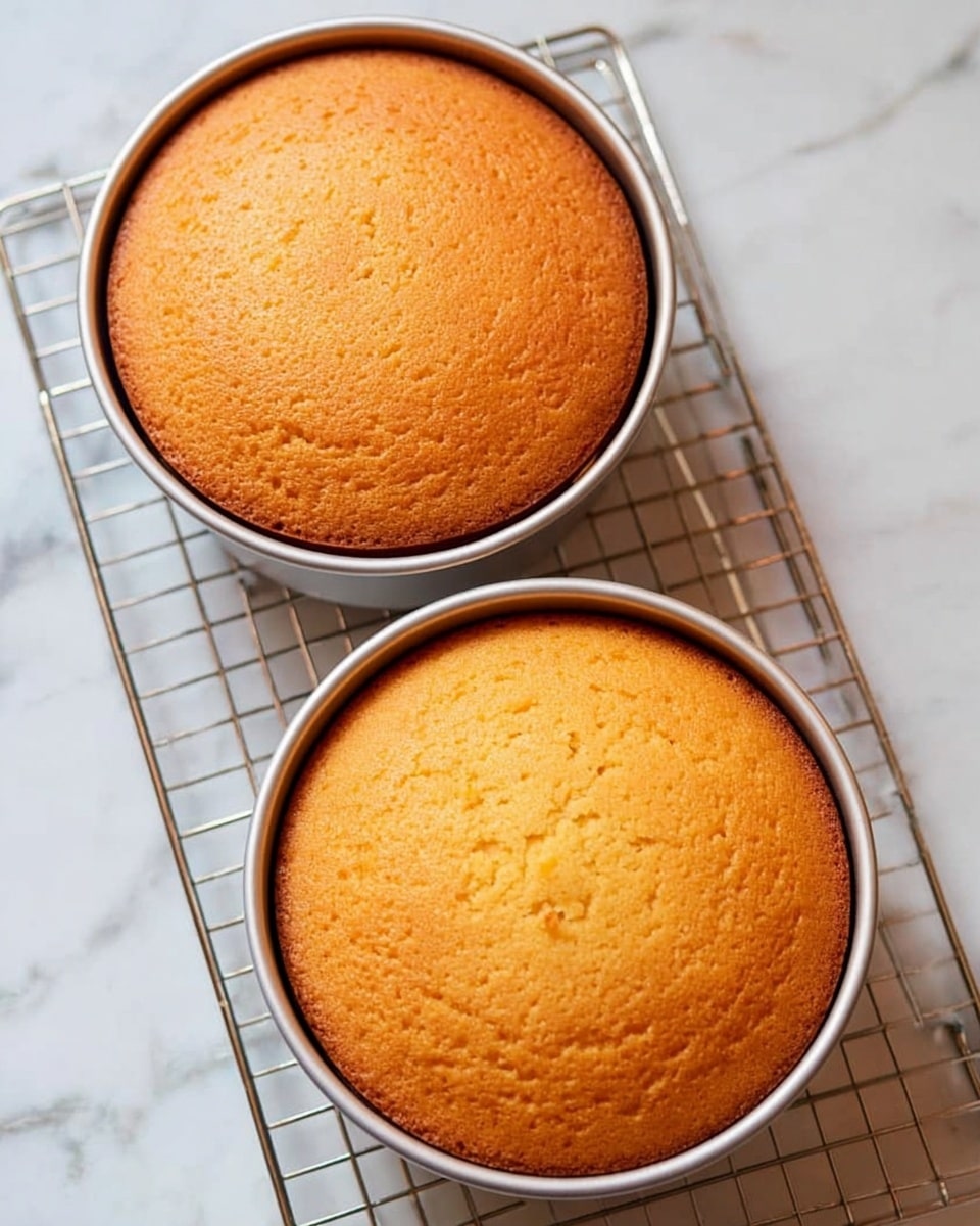 Two round golden brown cakes sit in silver pans on a metal cooling rack over a white marbled surface. Each cake has a smooth, slightly bumpy top with even coloring and looks soft and fluffy. The pans show small edges of the cakes, highlighting their thickness and height. The view is from above, showing both cakes side by side. photo taken with an iphone --ar 4:5 --v 7