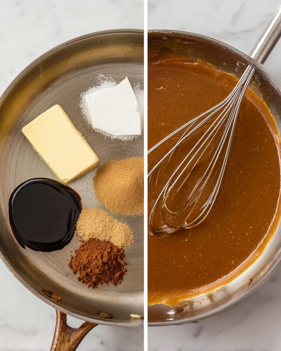 The image shows two side-by-side photos of a metal pan on a white marbled surface. On the left side, the pan contains several ingredients separated: a block of pale yellow butter near the top right, a white cream layer covering the base, a small pile of light brown sugar near the bottom right, a dark thick sauce on the bottom left, and a small dollop of black sauce near the top left. On the right side, the ingredients are mixed into a smooth, shiny, medium brown sauce filling the pan. A silver whisk rests inside the sauce, with the handle pointing to the upper left corner. Photo taken with an iphone --ar 4:5 --v 7