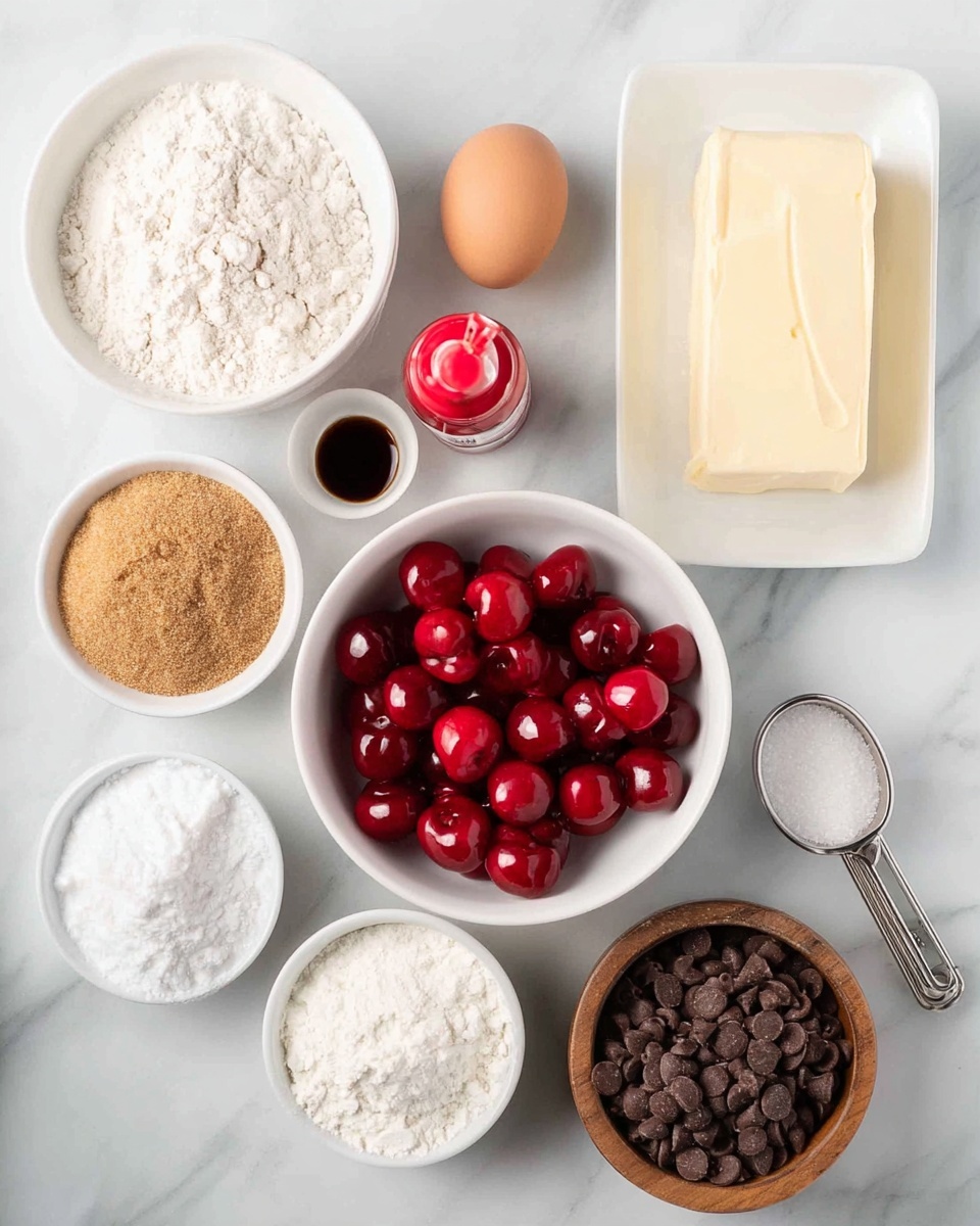 A stack of four thick cookies sits on a white plate placed on a white marbled surface. Each cookie is light brown with a soft, cracked texture and scattered dark chocolate chips. Bright red cherry pieces are embedded throughout the cookies, mostly visible in the middle layers. The top cookie is partially broken, showing a chewy inside with more chocolate chips and a cherry piece. Nearby, a few chocolate chips rest on the plate. In the blurred background, a glass of milk and some cookies are faintly visible. photo taken with an iphone --ar 4:5 --v 7