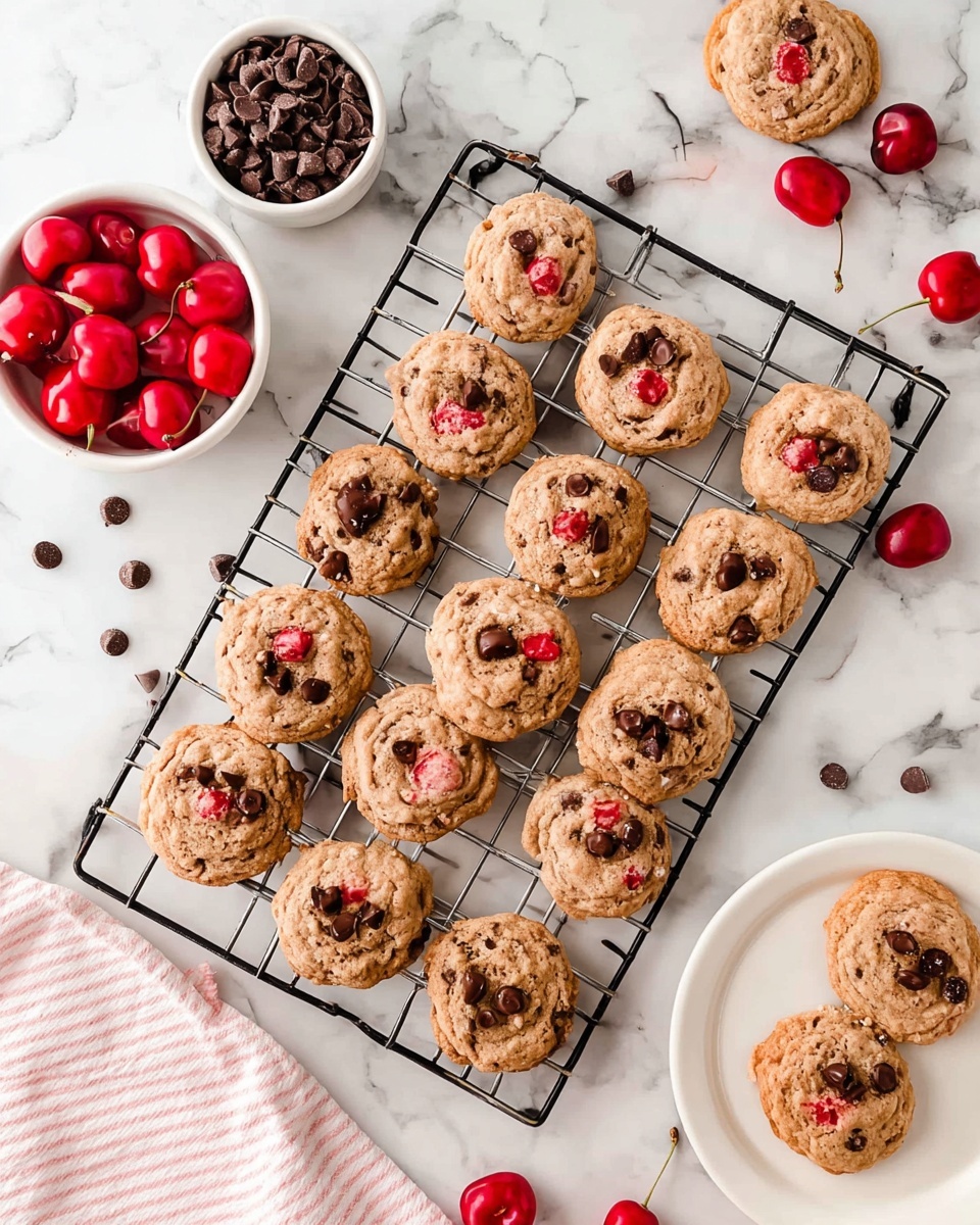 There are 17 small round cookies on a black cooling rack placed on a white marbled surface. Each cookie is light brown with visible bits of red cherries and dark brown chocolate chips scattered on the top. To the left, there is a small white bowl filled with red cherries with stems and another white bowl filled with chocolate chips. Pieces of chocolate chips are scattered around the cookies on the marble surface. On the right side, a white plate holds two more cookies. A white and light pink striped cloth is partially visible on the bottom left corner. Photo taken with an iphone --ar 4:5 --v 7