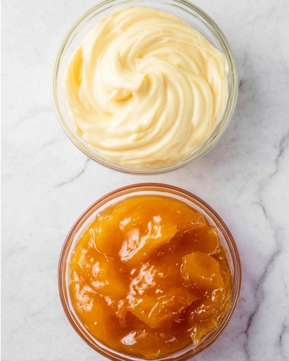 The image shows a layered dessert in a clear glass bowl on a white marbled surface. The dessert has a bottom layer of soft, light yellow filling, followed by a thick layer of smooth white cream. On top, there is a thick drizzle of caramel sauce and a sprinkle of small, chopped brown nuts. The surface is decorated with two thin green apple slices placed near the center. A spoon lifted by a woman's hand holds a scoop of the dessert showing all the layers clearly, topped again with caramel sauce and a green apple slice resting at the back. The background is plain white tiles. photo taken with an iphone --ar 4:5 --v 7