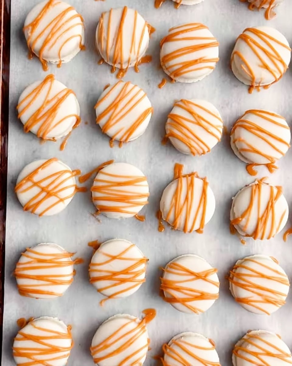 A group of five round treats stacked on a clean white plate placed on a white marbled surface, with three whole balls covered in smooth white coating and drizzled with bright orange lines on top and around, and two balls cut in half showing a dense, slightly crumbly, golden orange inside surrounded by the white coating, small orange bits decorating the edges of the cut halves, with yellow pumpkin shapes blurred softly in the white background, photo taken with an iphone --ar 4:5 --v 7