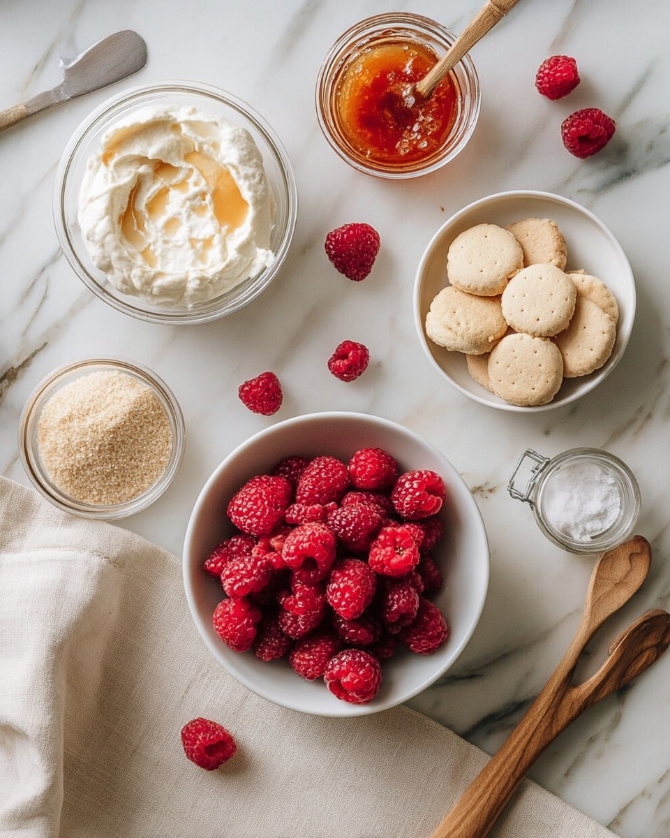 The image shows a close-up of small, round white dough balls placed evenly in rows on a silver baking tray lined with white parchment paper. Above them, a woman's hand holds a spoon with bright red jam, ready to place a dollop on one of the dough balls. To the right on the tray, there is a clear bowl filled with more red jam. In the background, on a wooden board, there is a white bowl filled with a shredded or crumbly pale ingredient, and to the left, a white bowl with a creamy white mixture topped with a small dollop of red jam sits on a white marbled surface. The scene suggests preparing a sweet treat photo taken with an iphone --ar 4:5 --v 7