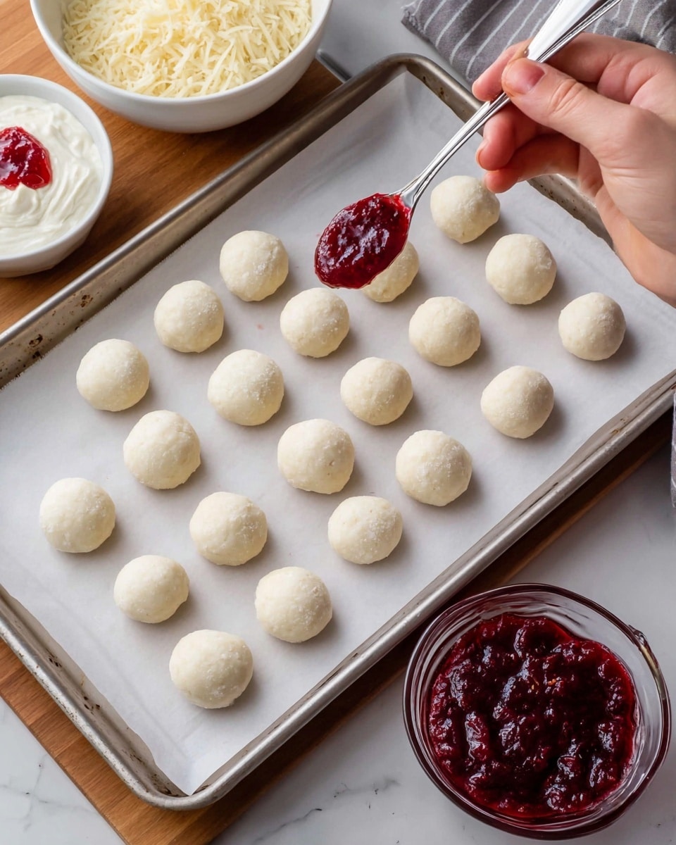 A close-up of four round white chocolate truffles on a white plate with a white marbled texture background. Each truffle has a smooth, creamy white outer layer with thin white chocolate drizzle on top. One truffle is cut in half, showing a dark red, moist, and textured raspberry filling inside. Small bits of red fruit are embedded in the white chocolate shell. Fresh raspberries and small white sprinkles are placed around the truffles, adding pops of bright red color. The photo taken with an iphone --ar 4:5 --v 7