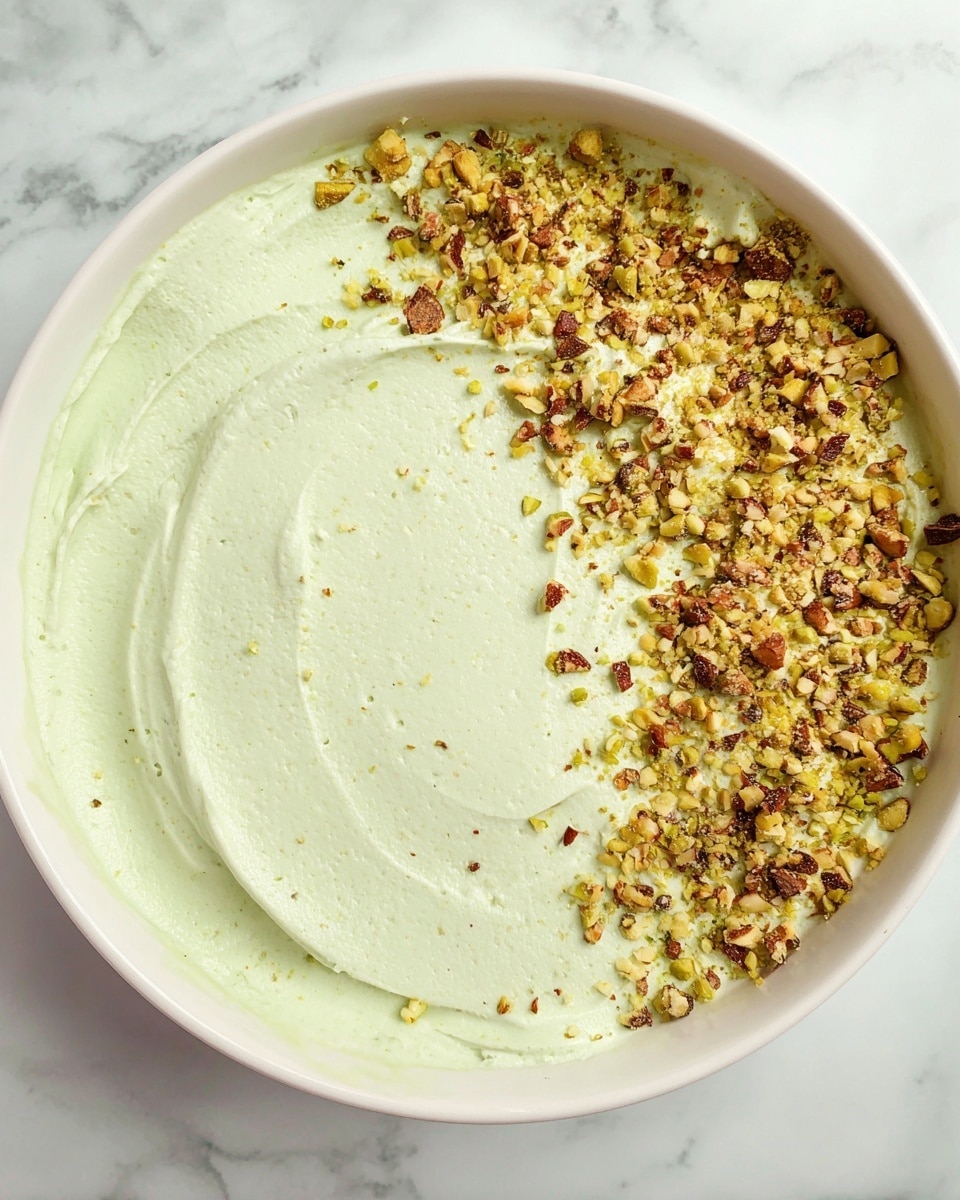 A slice of layered dessert sits on a white plate with a fork beside it. The bottom layer is dark brown and slightly crumbly like a chocolate crust. Above it is a thick smooth white layer, topped by a thin crumbly light brown layer with bits of pistachio nuts. Another thick smooth white layer sits above, followed by a glossy chocolate layer dripping slightly down the sides. The top is covered with small chopped pistachios scattered over the chocolate. The plate is placed on a white marbled surface. Photo taken with an iphone --ar 4:5 --v 7