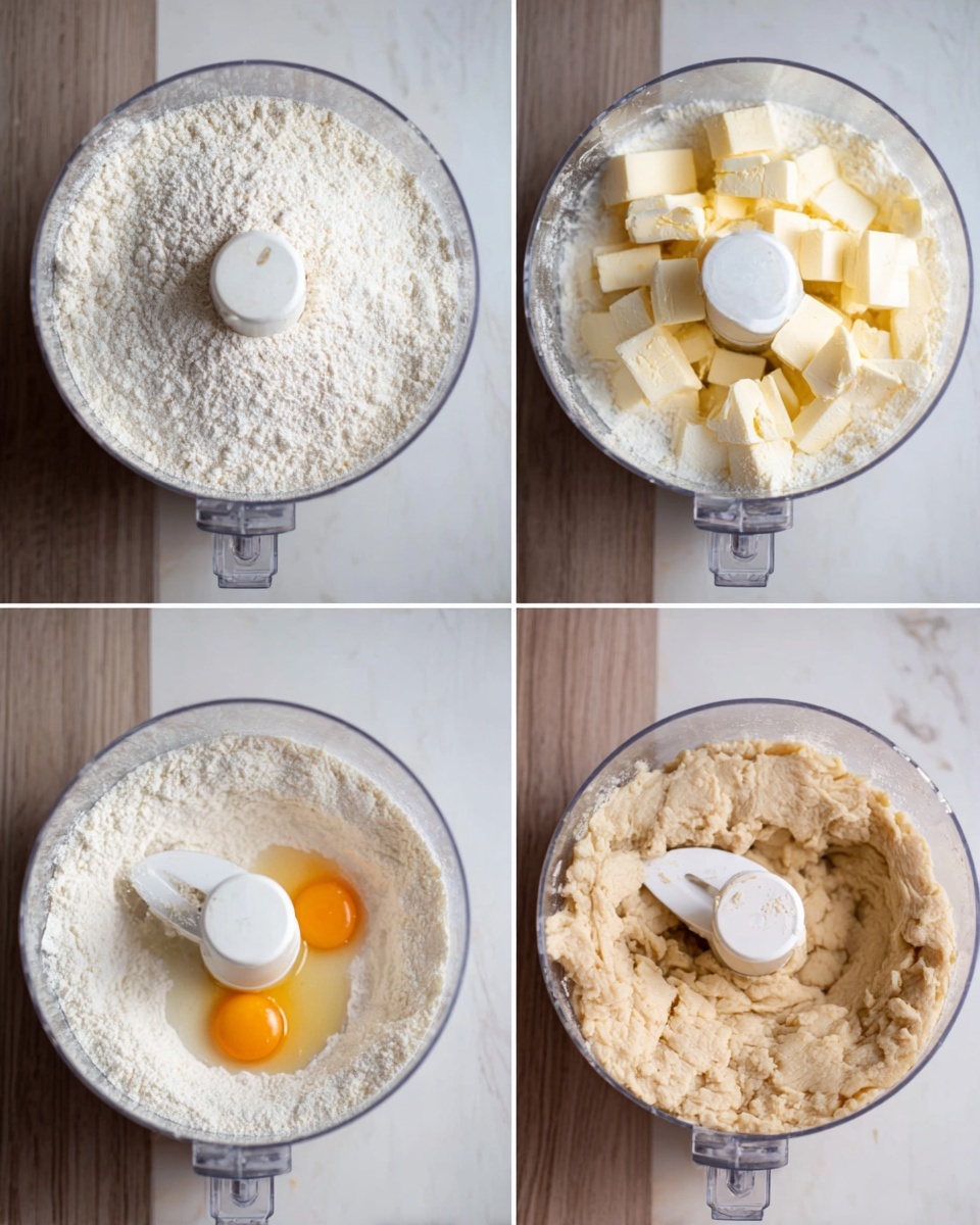 The image shows a sequence of four white food processor bowls on a white marbled surface with a wooden floor background. The first bowl is filled with white flour, evenly spread and covering the blade. The second bowl shows white flour with small cubes of pale yellow butter arranged on one side, while the blade is still visible in the middle. The third bowl contains white flour with an orange egg yolk, a cracked egg white, and a small pool of liquid sitting on top near the center blade. The fourth bowl displays a sticky, pale beige dough gathered mostly on one side around the white plastic blade, with some dough residue on the opposite side of the clear bowl. Photo taken with an iphone --ar 4:5 --v 7