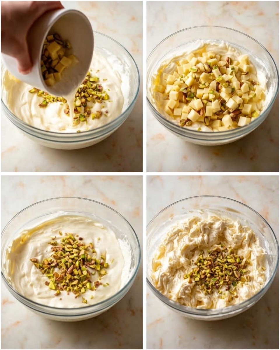 A clear glass bowl sits on a white marbled surface, filled with a thick, creamy white mixture as the base layer. On top of this layer, small pieces of light yellow cubes and chopped pistachios in green and brown tones are sprinkled. In the left image, a woman's hand holds a white bowl, pouring more of the same cubed ingredients onto the creamy mixture. The right image shows the creamy mixture with the cubed and chopped nuts fully added but not yet mixed, maintaining a textured look with rough, uneven peaks. photo taken with an iphone --ar 4:5 --v 7
