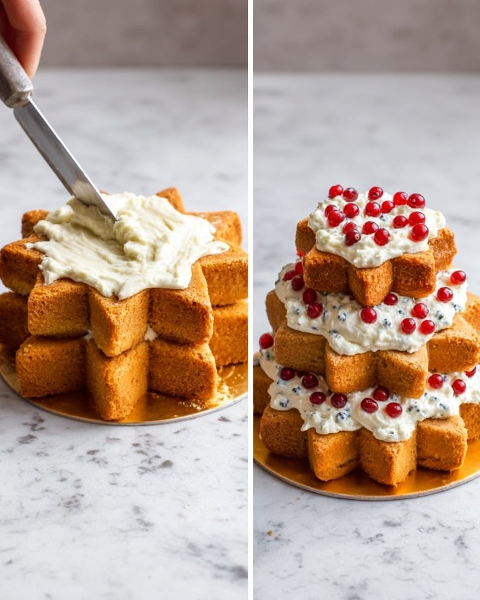 The image on the left shows a star-shaped golden brown cake with a thick layer of white creamy icing being spread on top by a metal knife held by a woman's hand, all placed on a white marbled surface. The image on the right displays the finished dessert: a three-layered star-shaped cake tower sitting on a round golden brown base. Between each star-shaped cake layer is a generous amount of white creamy icing with small bright red berries scattered on and around the layers, set against the white marbled surface. Photo taken with an iphone --ar 4:5 --v 7