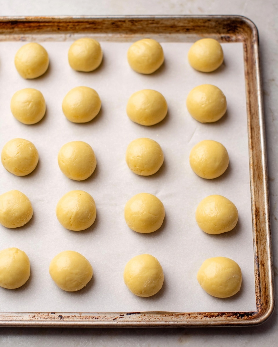 A baking tray with a white marbled texture holds 20 round dough balls evenly spaced in four rows. Each dough ball is smooth, light yellow, and slightly shiny, resting on a sheet of white parchment paper that covers the tray. The tray's edges show a worn silver metal texture, contrasting with the soft dough shapes arranged neatly. photo taken with an iphone --ar 4:5 --v 7